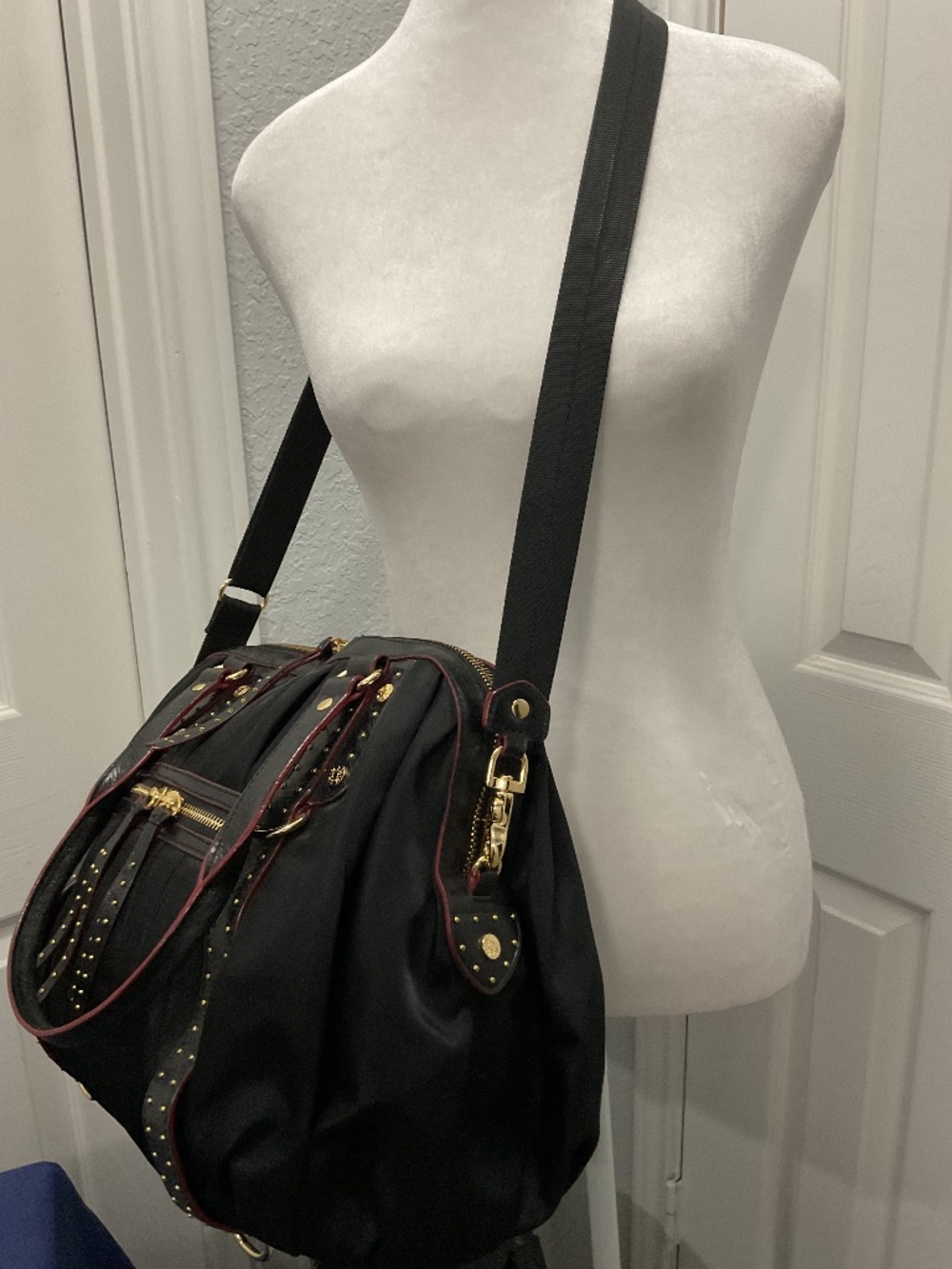 MZ Wallace Pleated Tote | Black w/ Gold Hardware & Red Accent